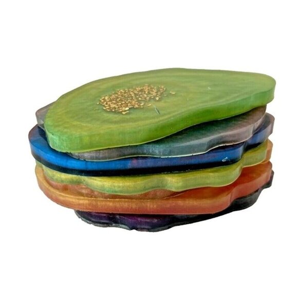 Set of 7 Hand Made Resin Glitter Gem Stone Replica Stackable Coasters Boho Hippy - Picture 1 of 7